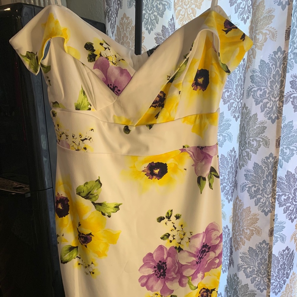 White Floral off the should Cocktail Dress